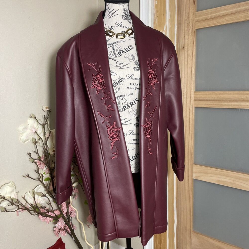 Atlantic Beach Embroidered Faux Leather Longline Jacket M Boho Western Floral - Picture 1 of 9